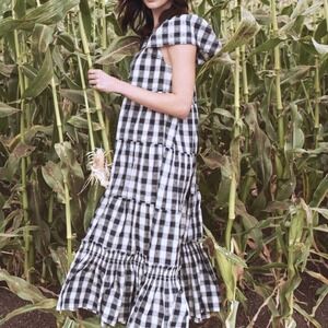 THE GREAT Small 1 Navy White Gingham Plaid Ruffled Maxi Dress Nightingale Linen